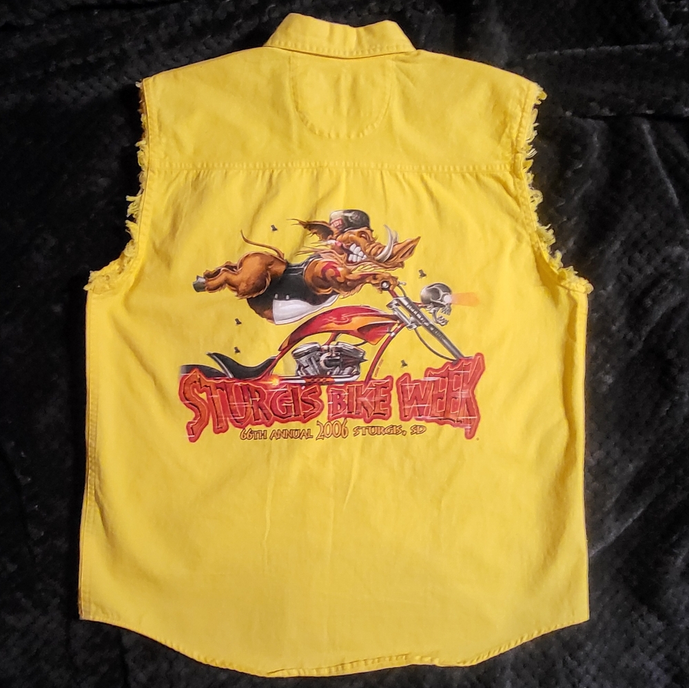 2006 Sturgis Bike Week HOG sleeveless button up shirt vtg Boar Skull Biker M